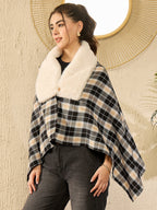 InWeave Black Beige Check Cream Fur Poncho | Grocsy
