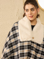 InWeave Black Beige Check Cream Fur Poncho | Grocsy