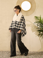 InWeave Black Beige Check Cream Fur Poncho | Grocsy