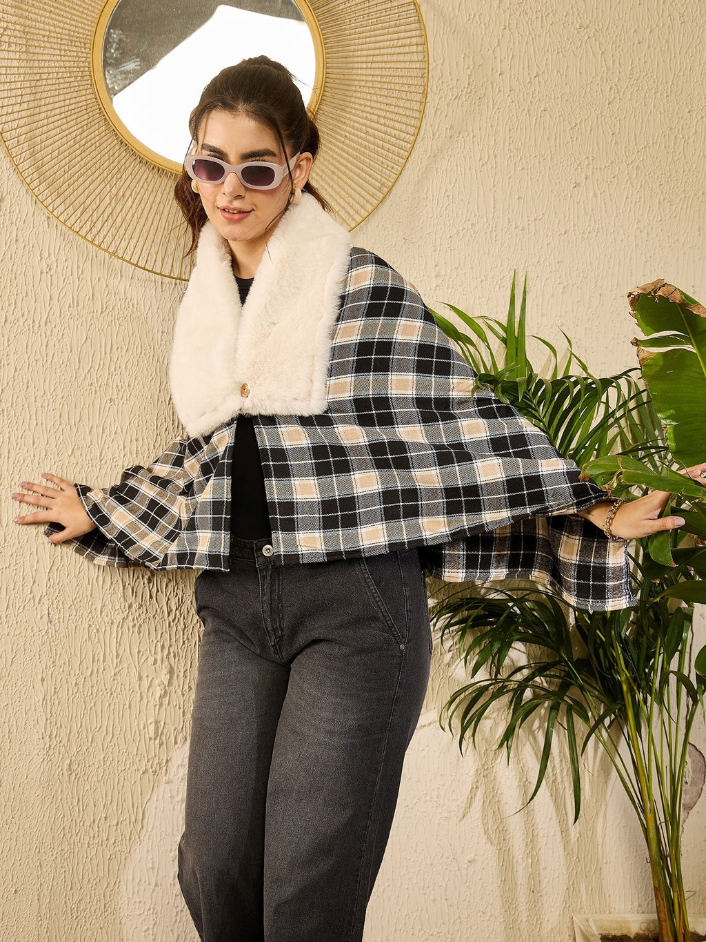 InWeave Black Beige Check Cream Fur Poncho | Grocsy