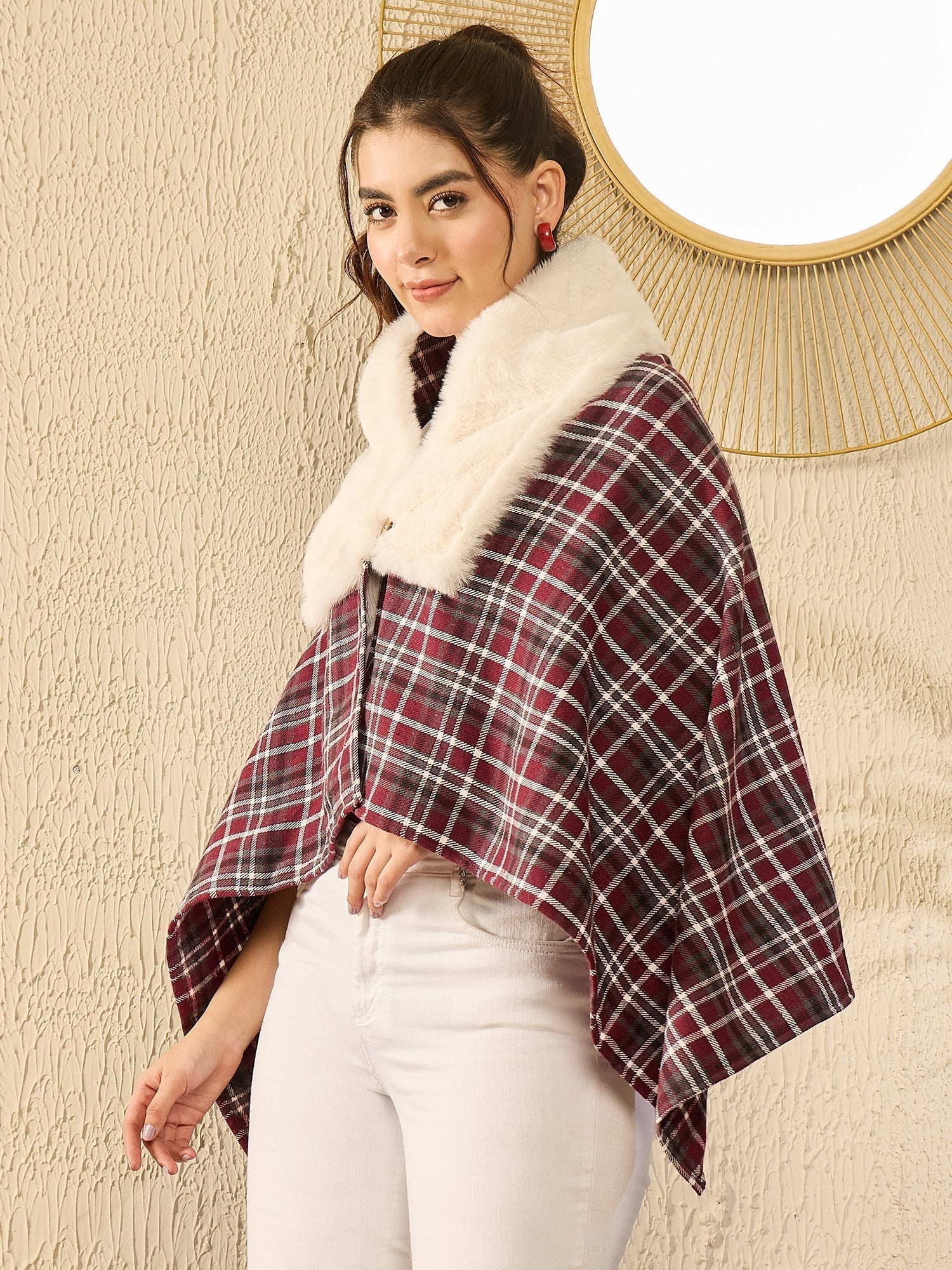 InWeave Burgundy Grey Check Cream Fur Poncho | Grocsy