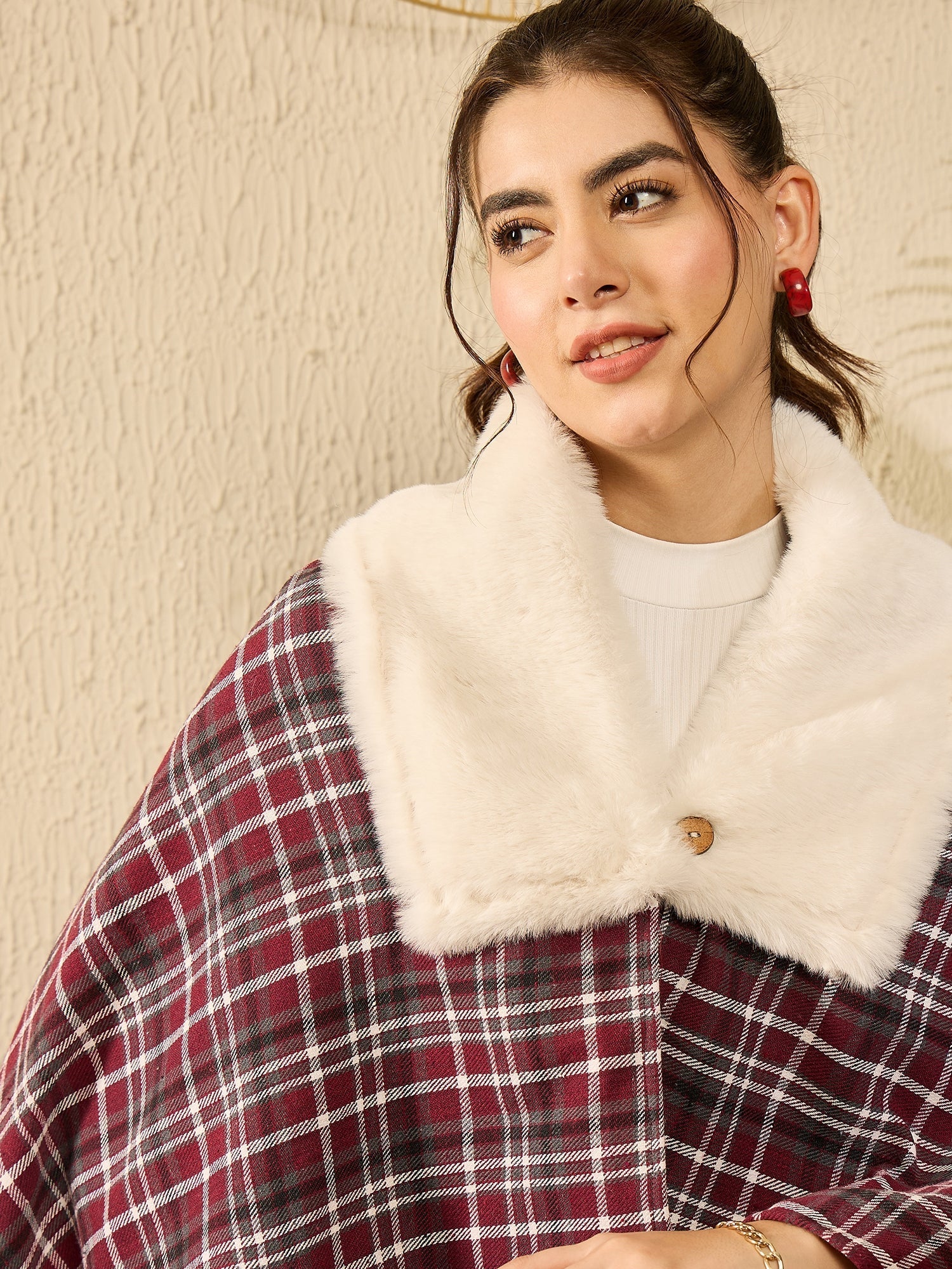 InWeave Burgundy Grey Check Cream Fur Poncho | Grocsy