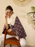 InWeave Burgundy Grey Check Cream Fur Poncho | Grocsy