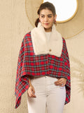 InWeave Red Green Check Cream Fur Poncho | Grocsy