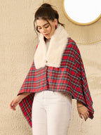 InWeave Red Green Check Cream Fur Poncho | Grocsy