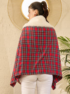 InWeave Red Green Check Cream Fur Poncho | Grocsy