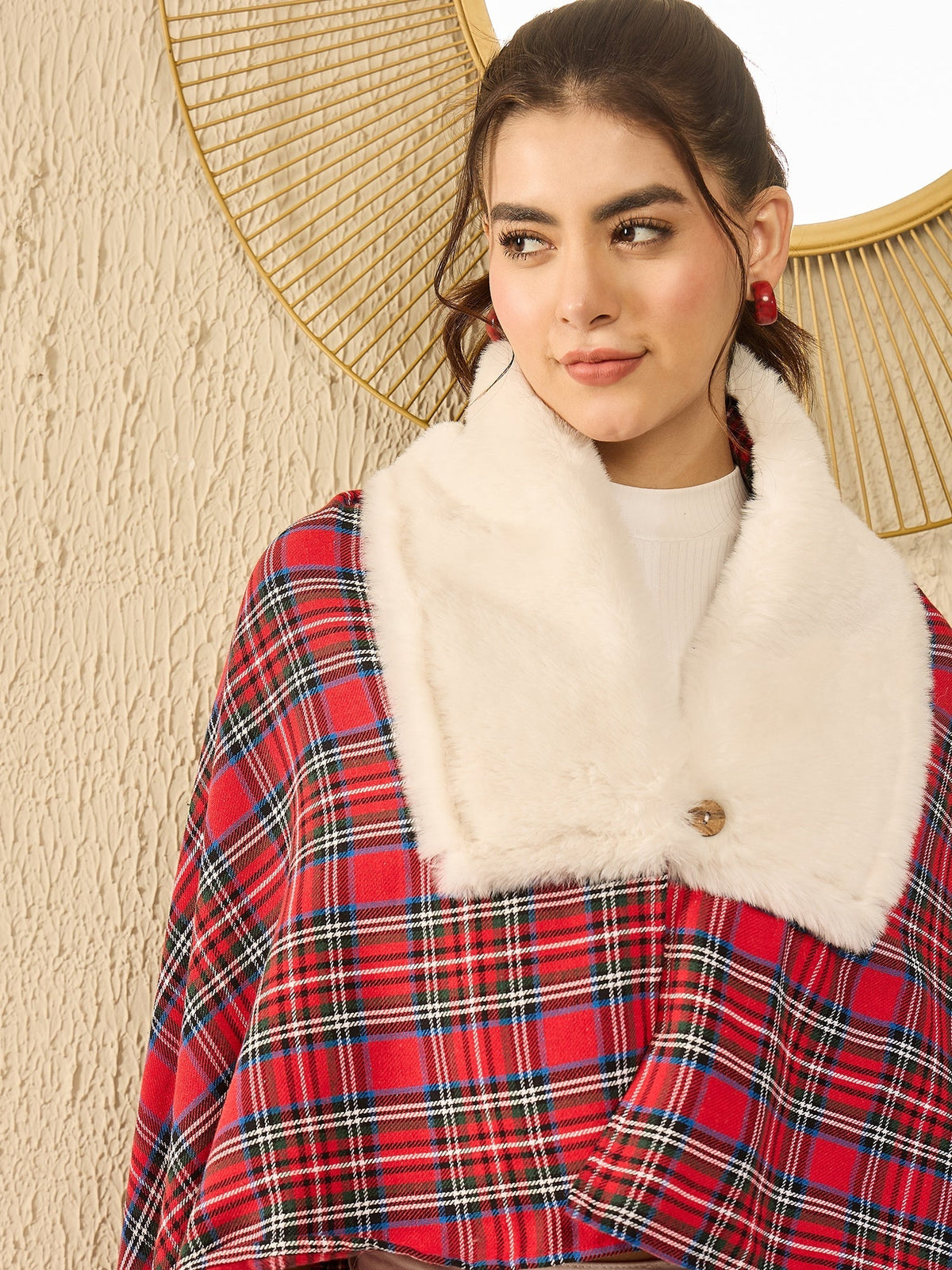 InWeave Red Green Check Cream Fur Poncho | Grocsy