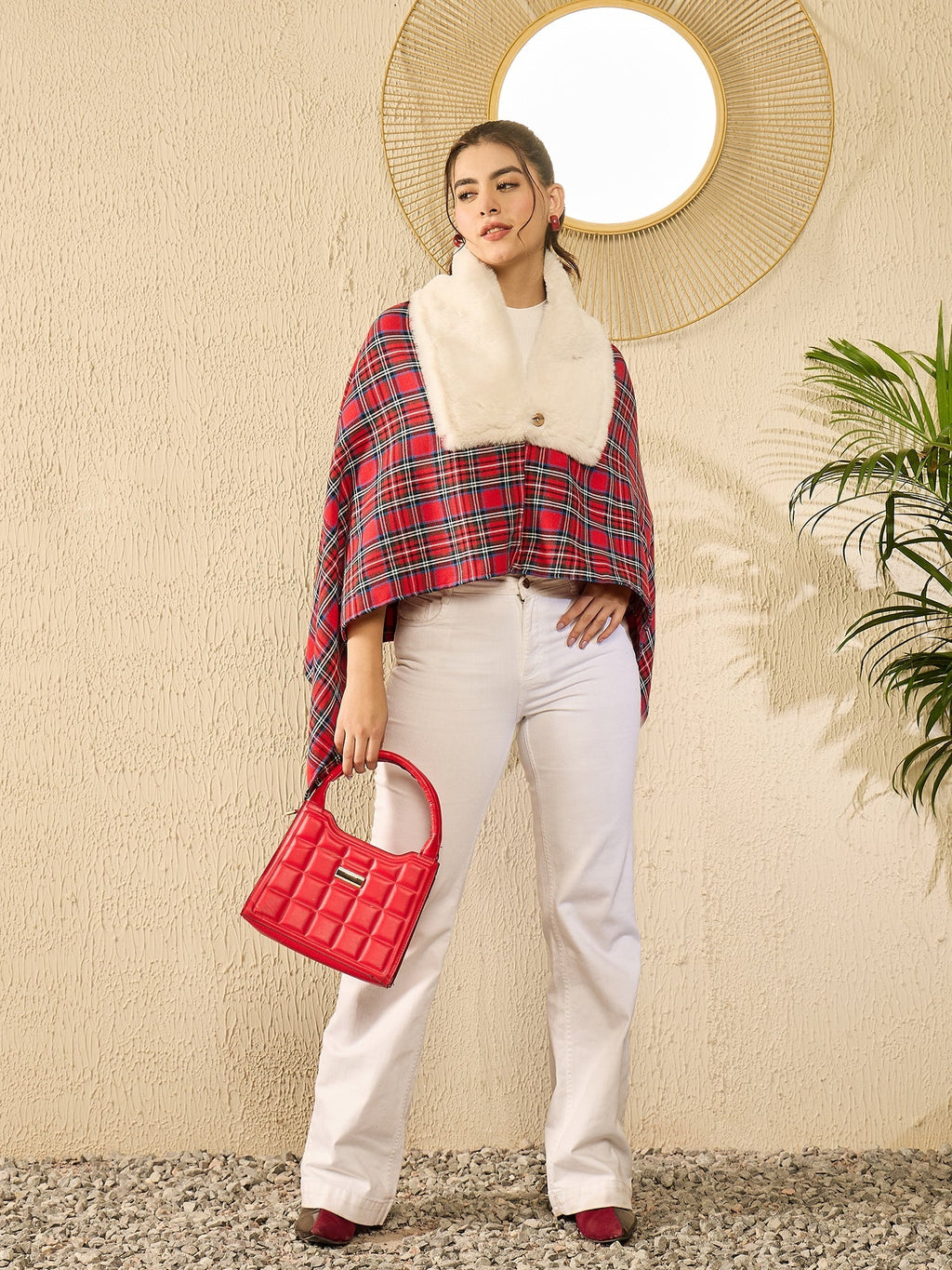 InWeave Red Green Check Cream Fur Poncho | Grocsy
