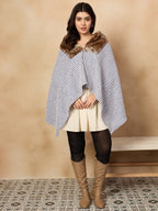 InWeave Blue White Check Acrylic Fur Poncho | Grocsy