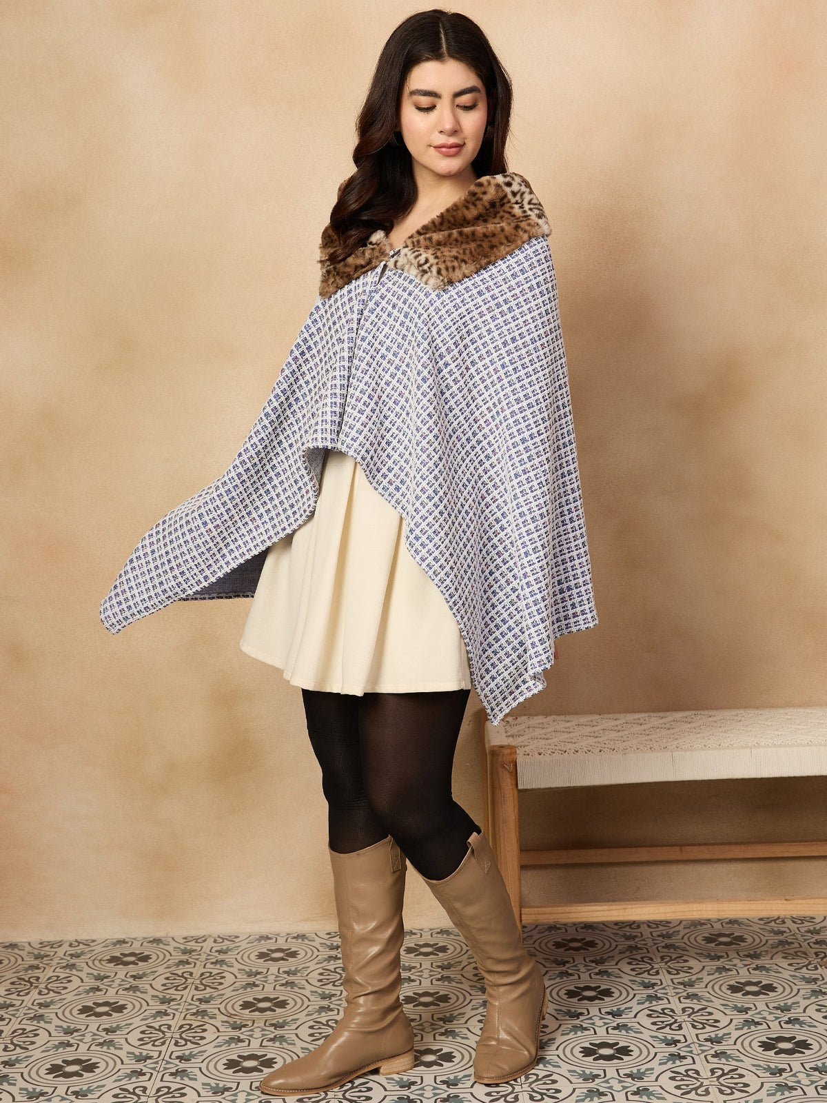 InWeave Blue White Check Acrylic Fur Poncho | Grocsy