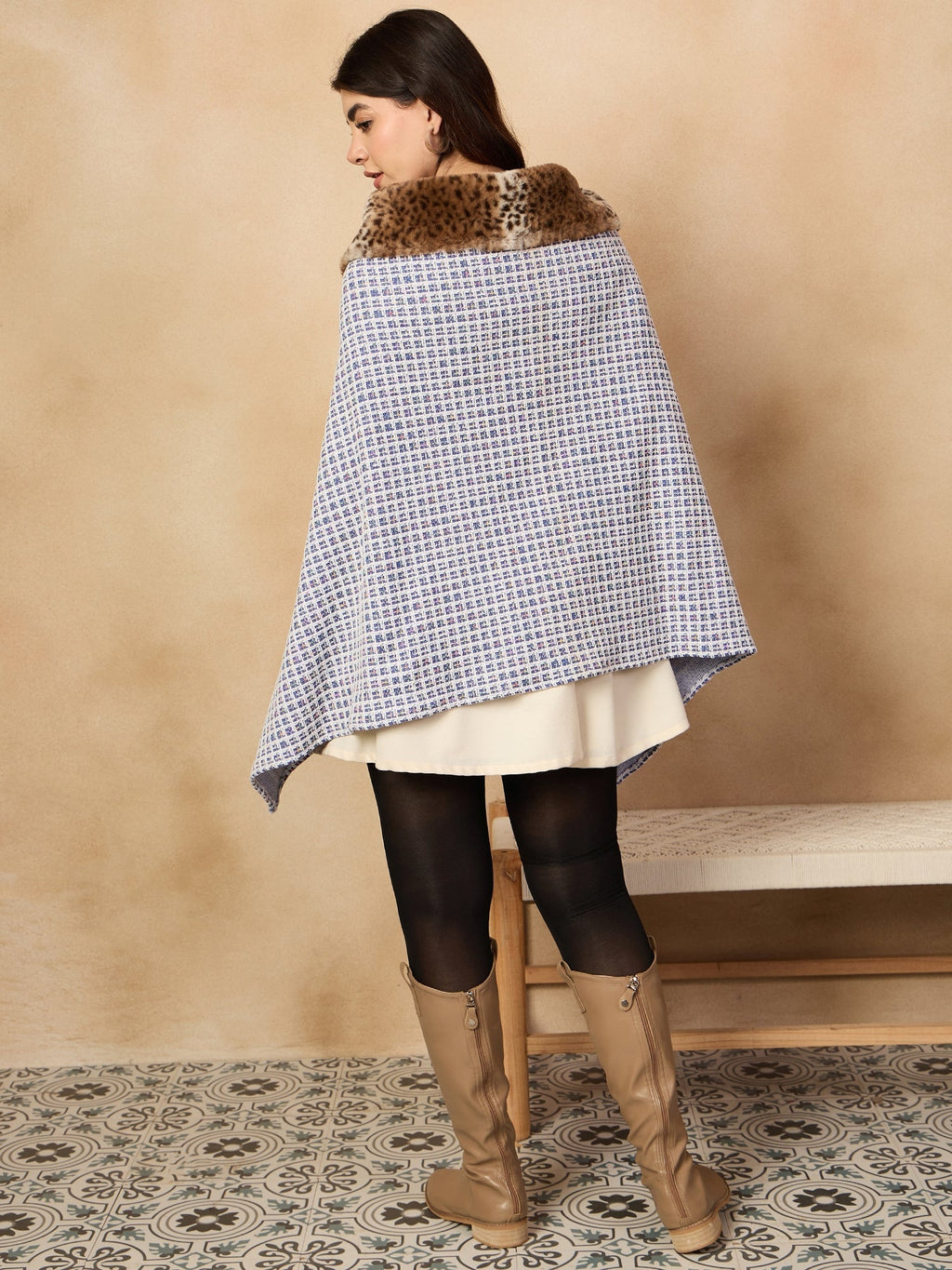 InWeave Blue White Check Acrylic Fur Poncho | Grocsy