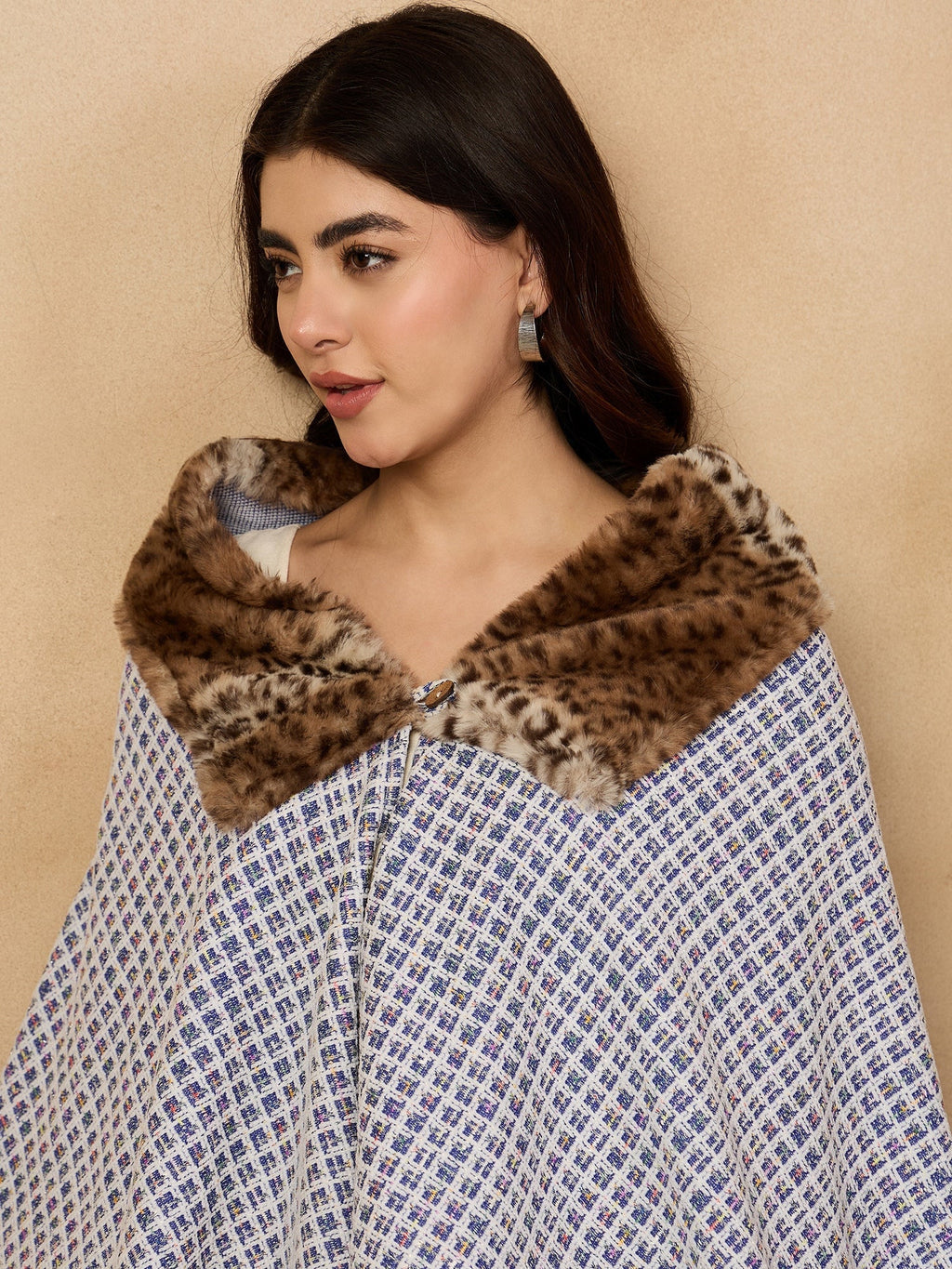InWeave Blue White Check Acrylic Fur Poncho | Grocsy