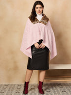 InWeave Pink White Check Acrylic Fur Poncho | Grocsy