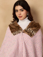 InWeave Pink White Check Acrylic Fur Poncho | Grocsy