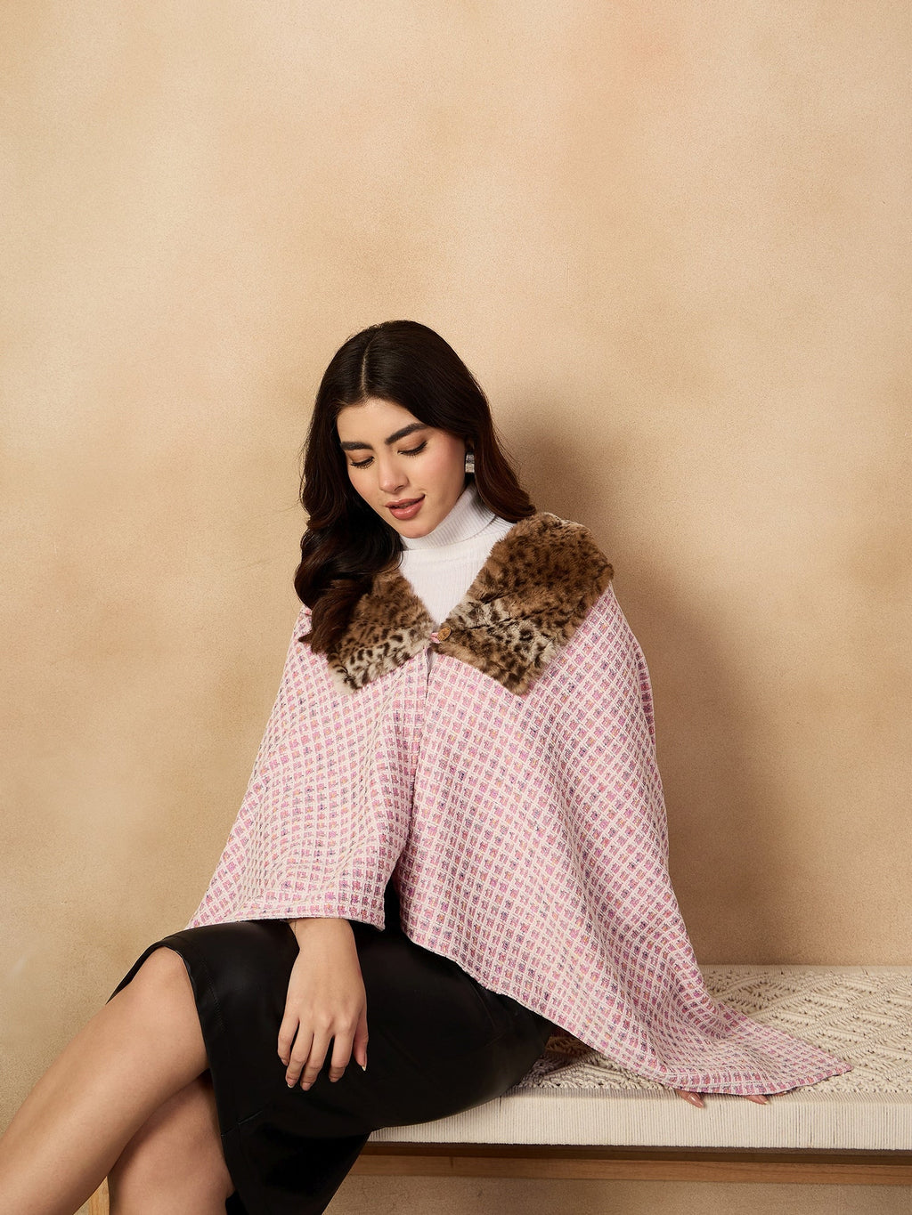 InWeave Pink White Check Acrylic Fur Poncho | Grocsy
