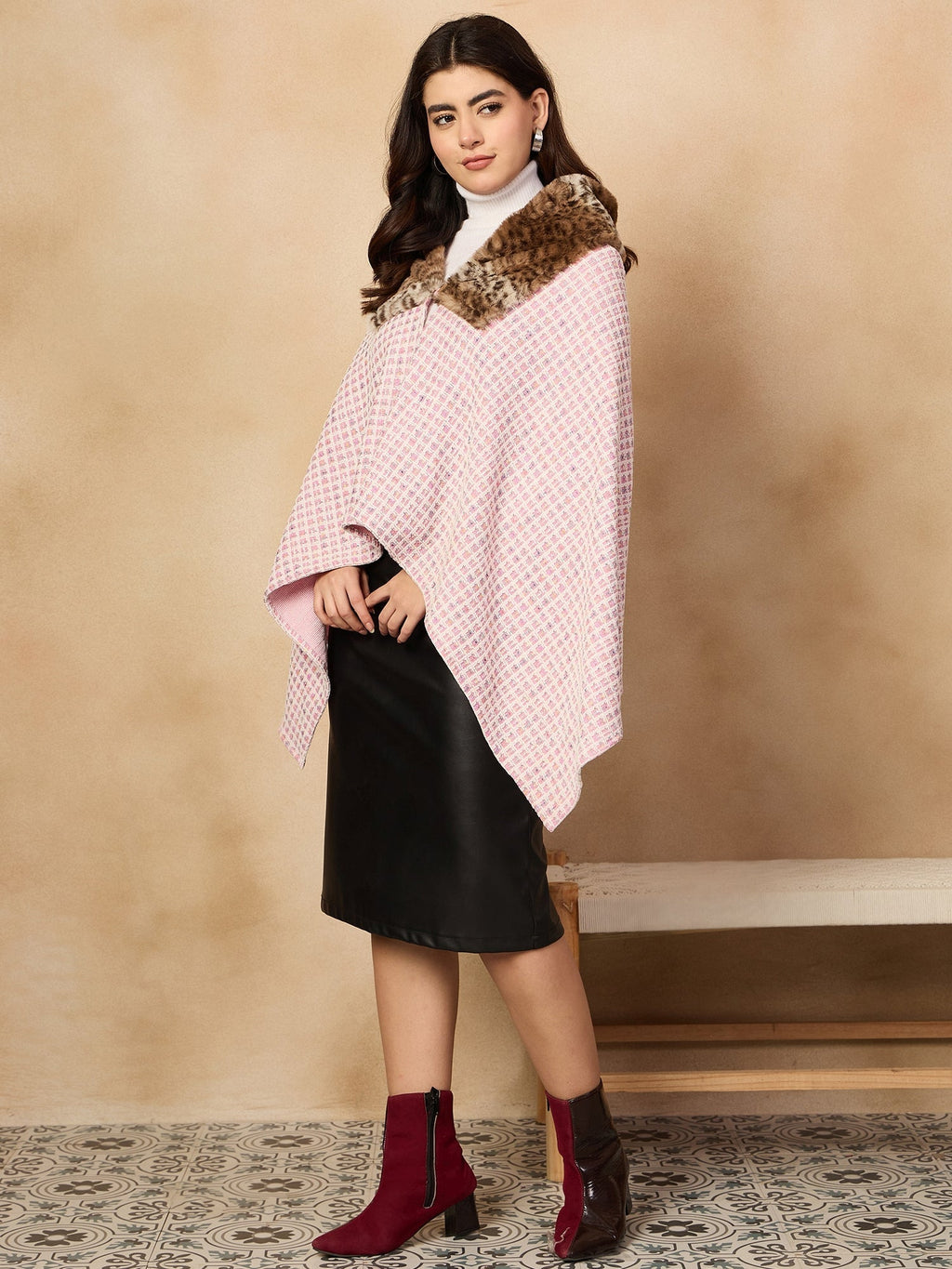 InWeave Pink White Check Acrylic Fur Poncho | Grocsy