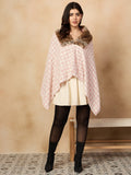 InWeave Peach White Big Check Acrylic Fur Poncho | Grocsy