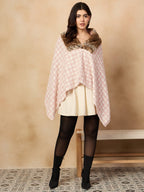 InWeave Peach White Big Check Acrylic Fur Poncho | Grocsy