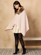 InWeave Peach White Big Check Acrylic Fur Poncho | Grocsy