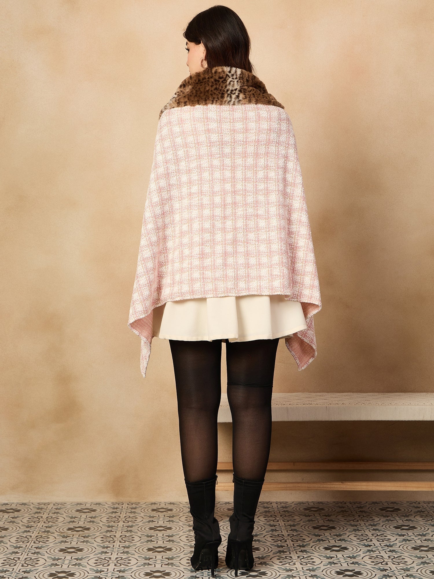 InWeave Peach White Big Check Acrylic Fur Poncho | Grocsy