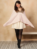 InWeave Peach White Big Check Acrylic Fur Poncho | Grocsy