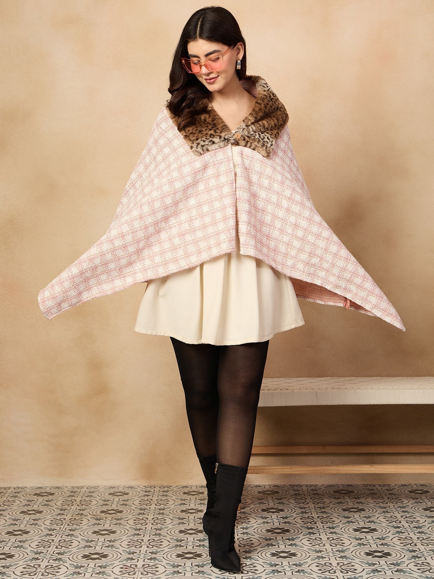 InWeave Peach White Big Check Acrylic Fur Poncho | Grocsy