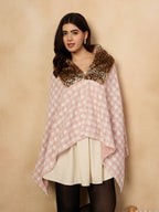 InWeave Peach White Big Check Acrylic Fur Poncho | Grocsy