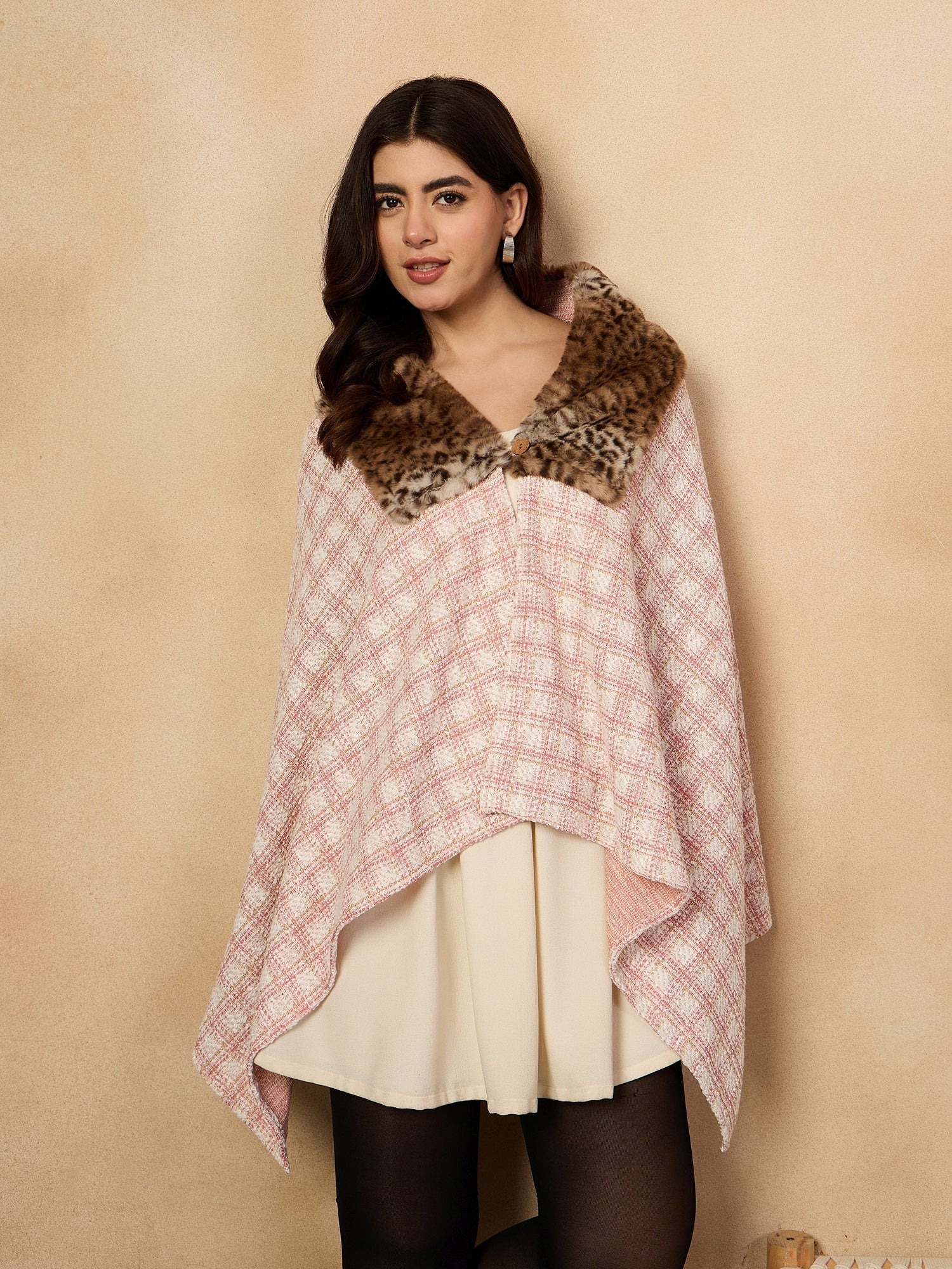 InWeave Peach White Big Check Acrylic Fur Poncho | Grocsy
