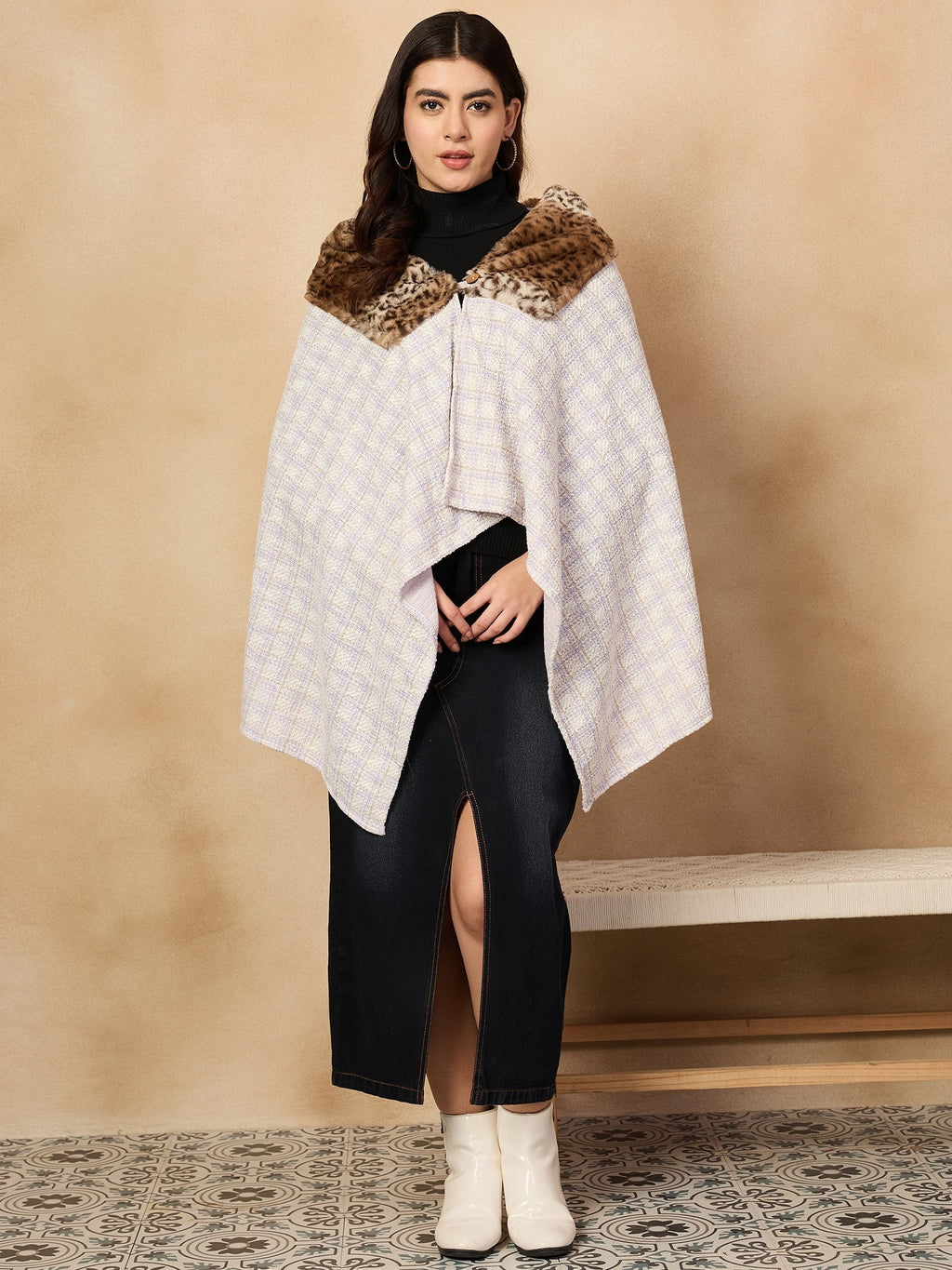 InWeave Mauve White Big Check Acrylic Fur Poncho | Grocsy