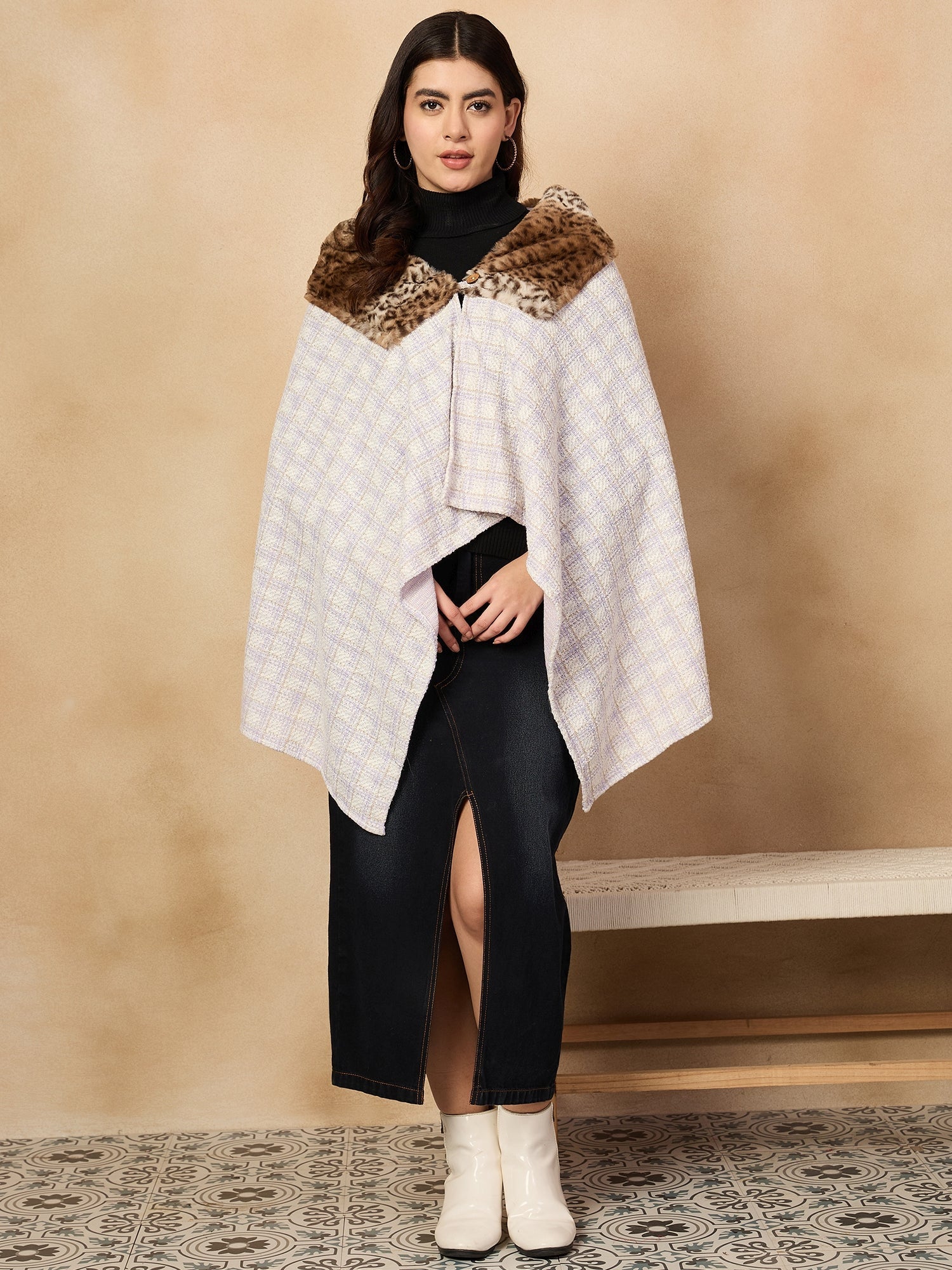 InWeave Mauve White Big Check Acrylic Fur Poncho | Grocsy