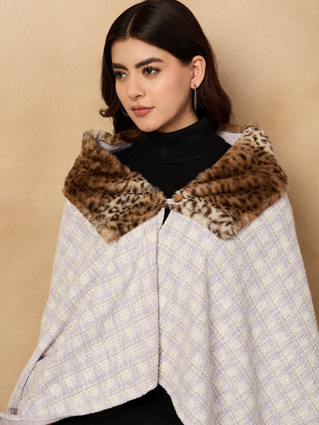 InWeave Mauve White Big Check Acrylic Fur Poncho | Grocsy