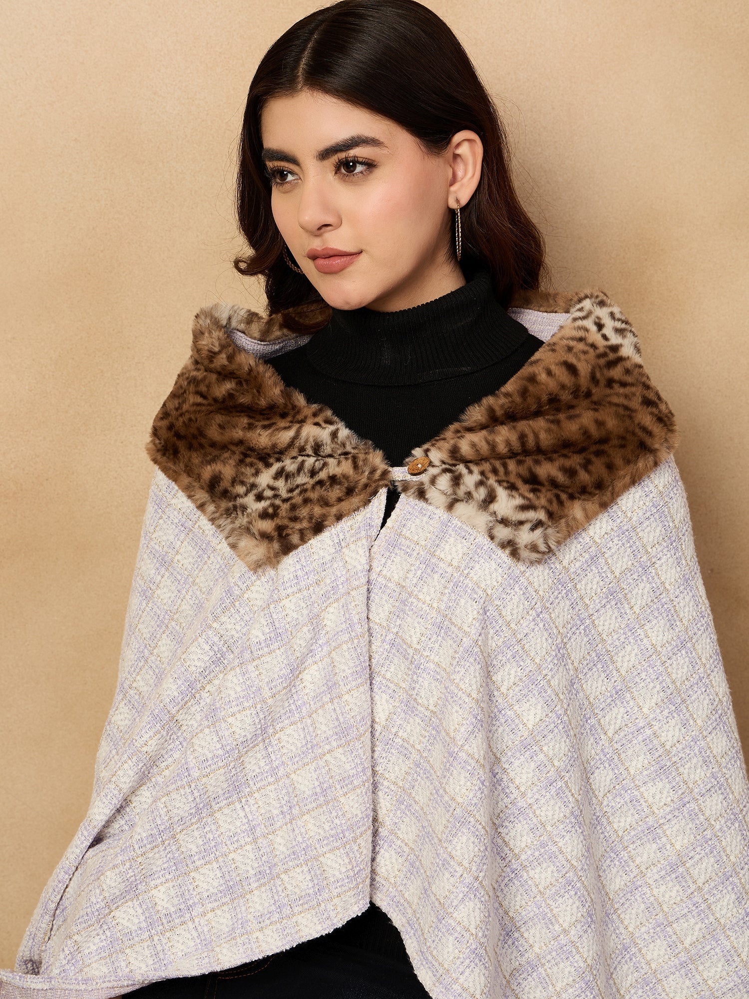 InWeave Mauve White Big Check Acrylic Fur Poncho | Grocsy