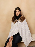 InWeave Mauve White Big Check Acrylic Fur Poncho | Grocsy