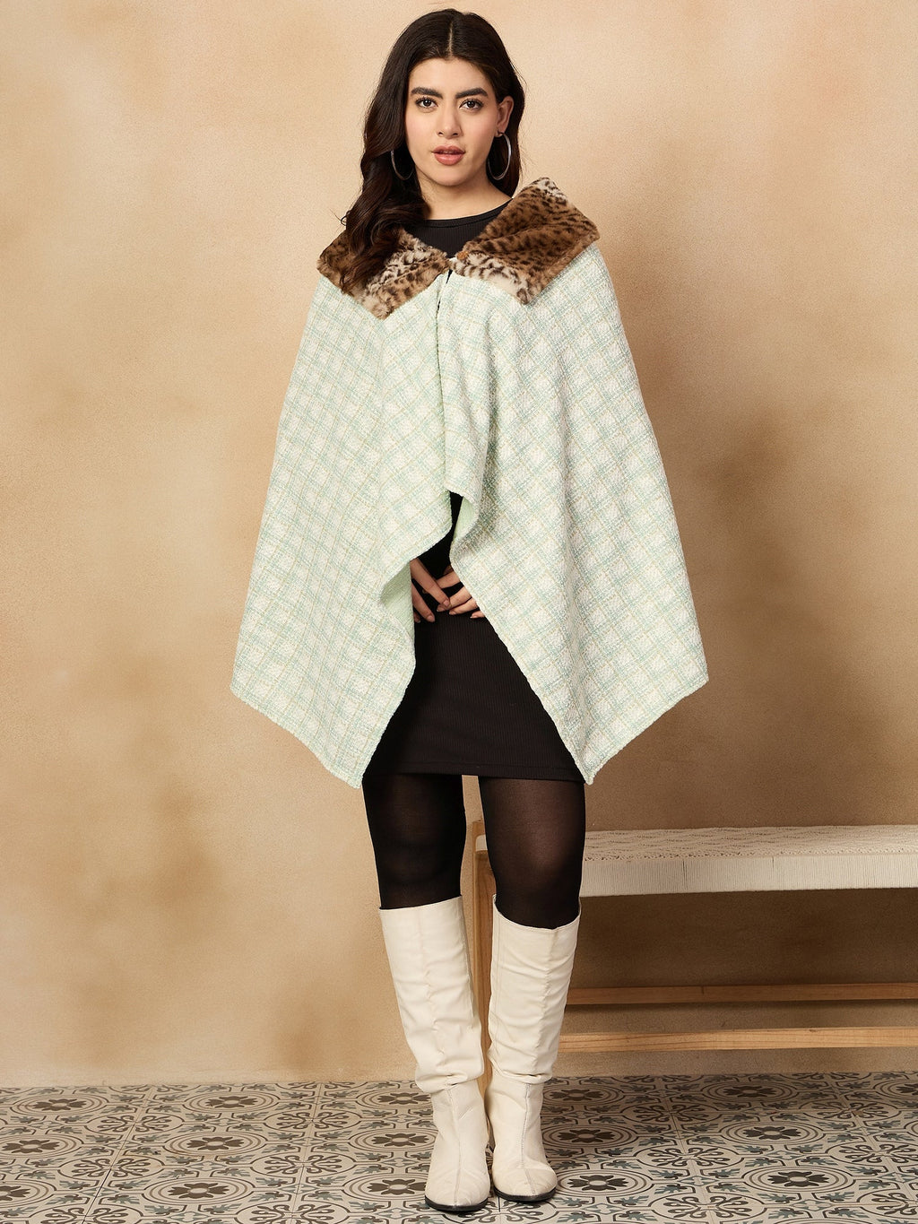 InWeave Green White Big Check Acrylic Fur Poncho | Grocsy