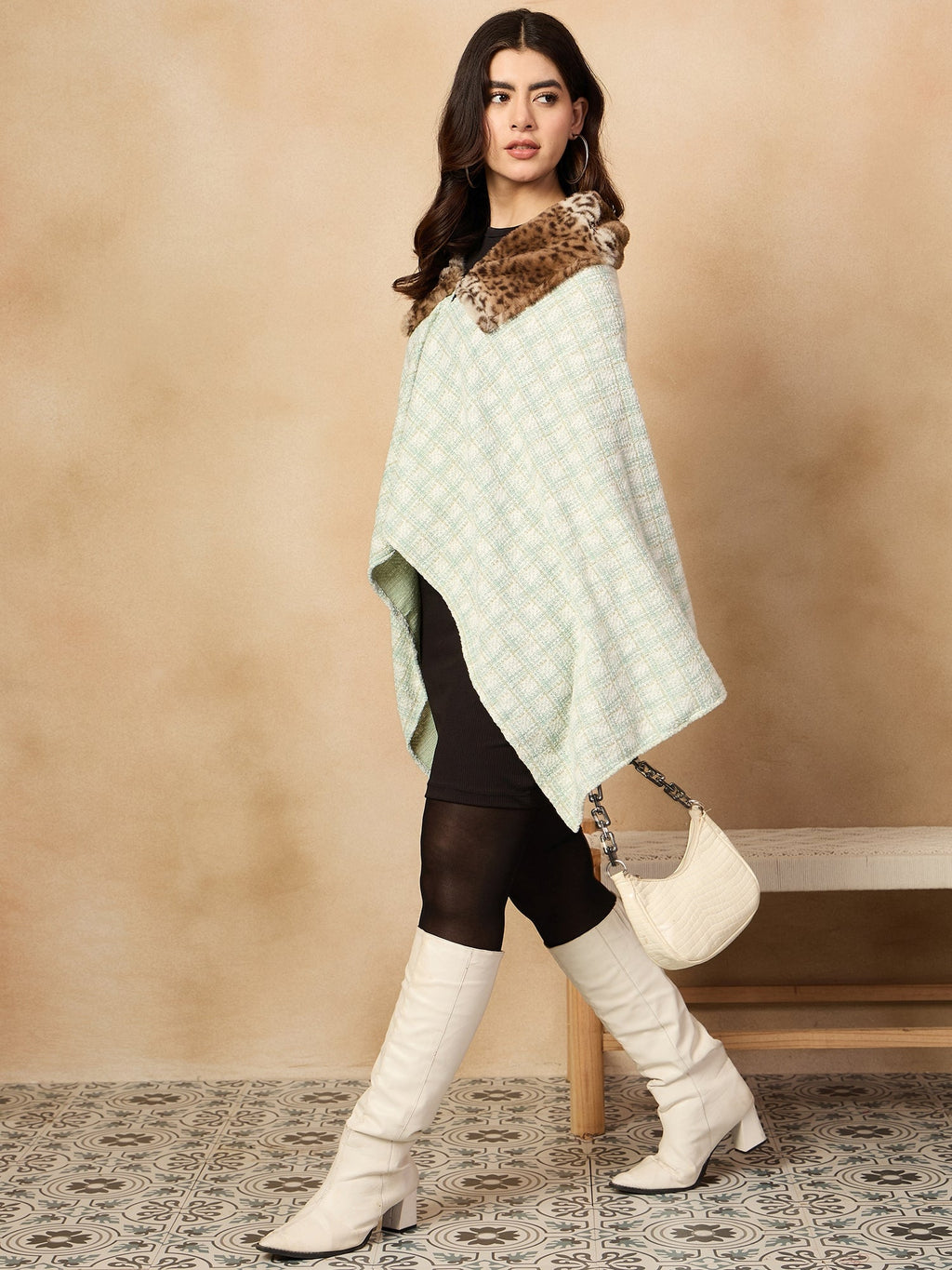 InWeave Green White Big Check Acrylic Fur Poncho | Grocsy
