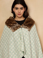 InWeave Green White Big Check Acrylic Fur Poncho | Grocsy