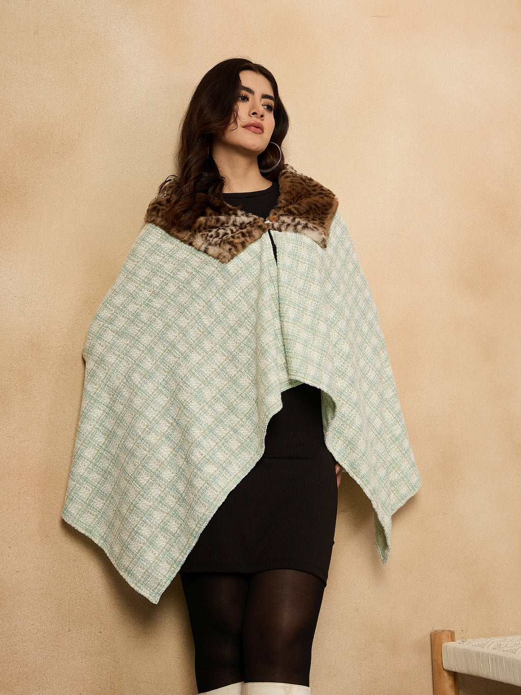 InWeave Green White Big Check Acrylic Fur Poncho | Grocsy