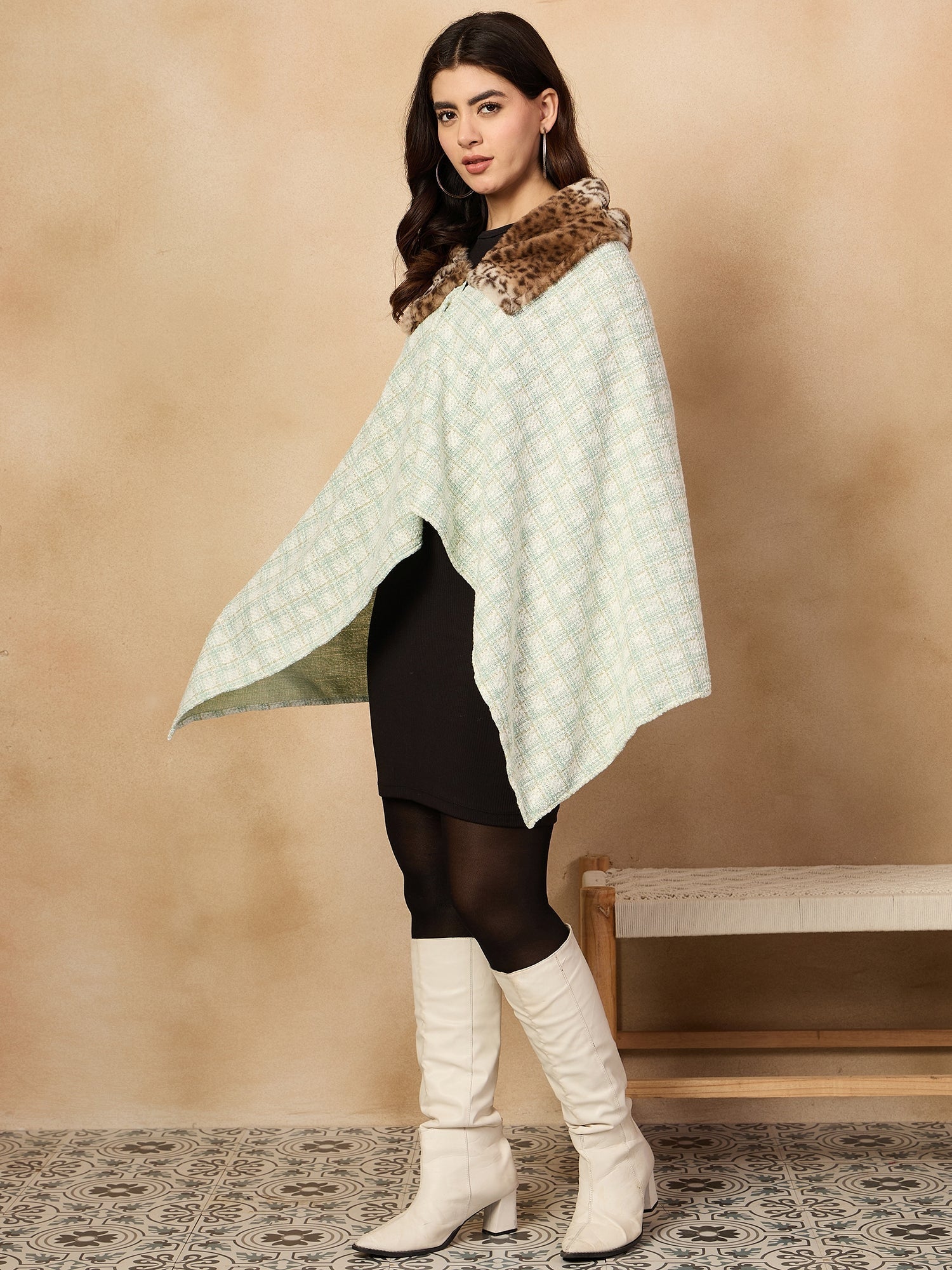 InWeave Green White Big Check Acrylic Fur Poncho | Grocsy