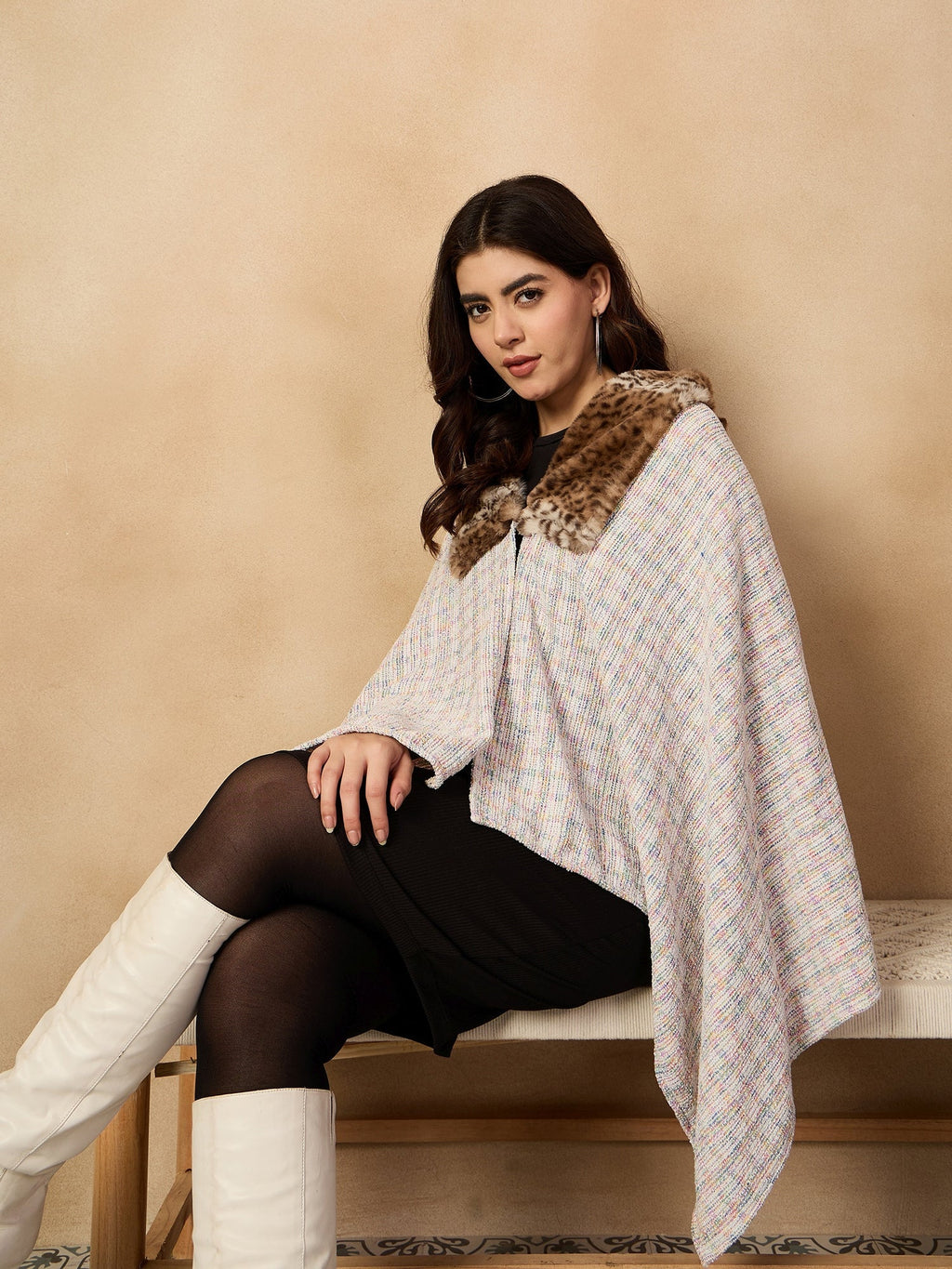 InWeave Multi White Acrylic Fur Poncho | Grocsy