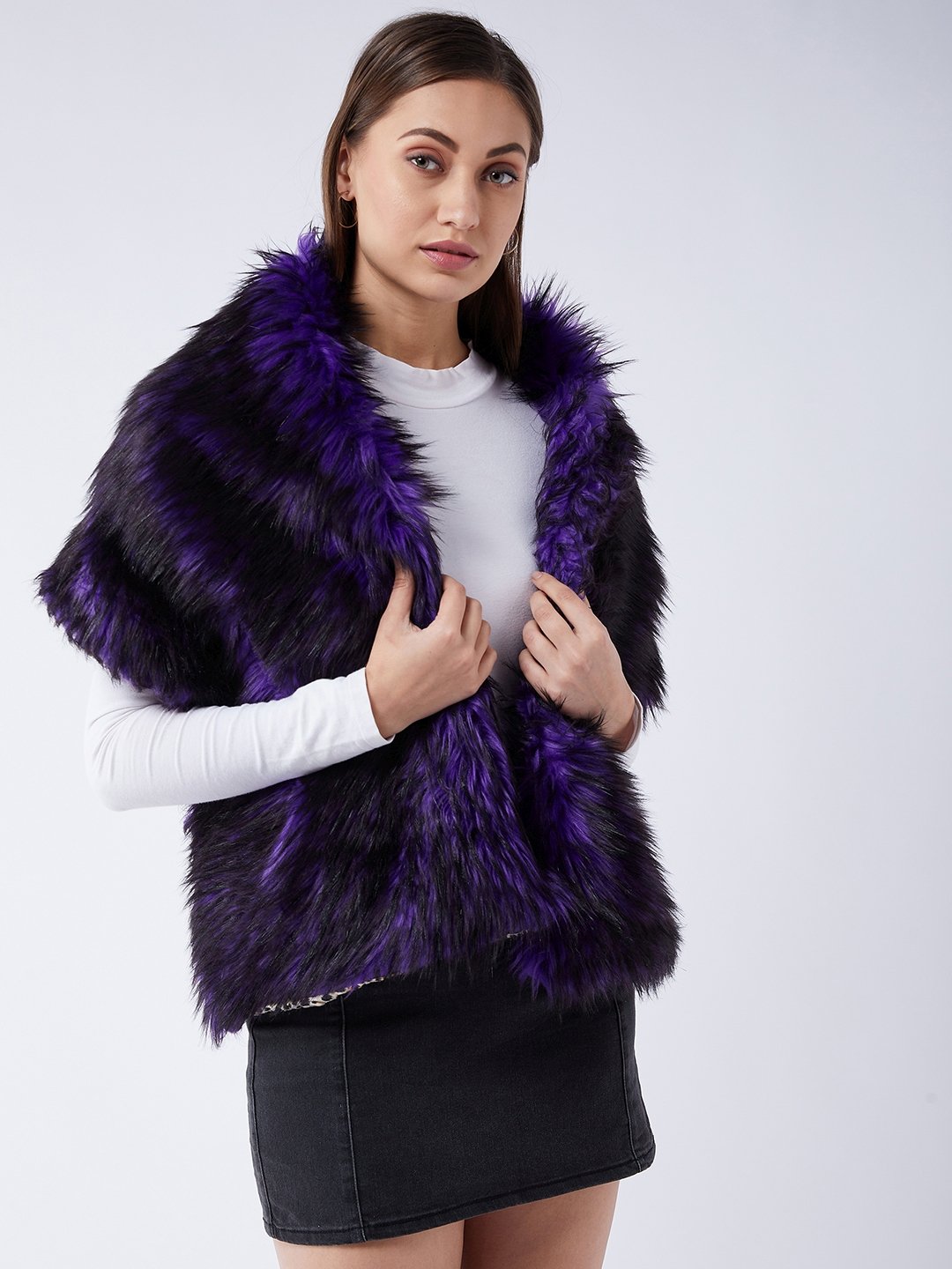 InWeave Purple Black Faux Fur Cape | Grocsy