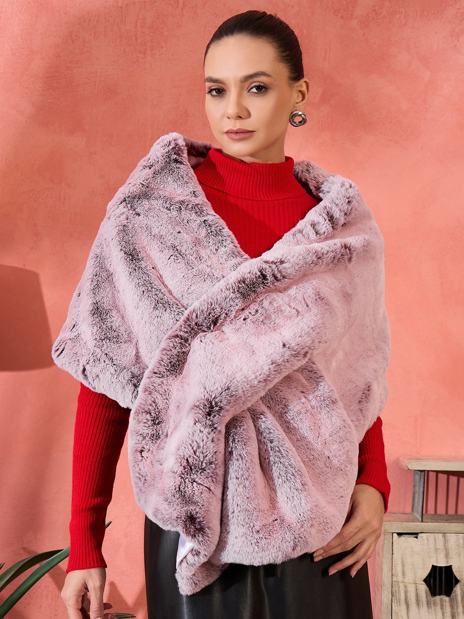InWeave Maroon Icy Snowy Rabbit Faux Fur Cape | Grocsy