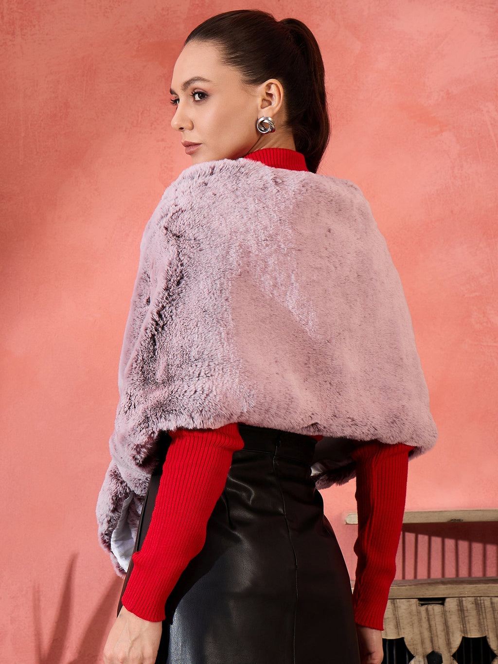 InWeave Maroon Icy Snowy Rabbit Faux Fur Cape | Grocsy