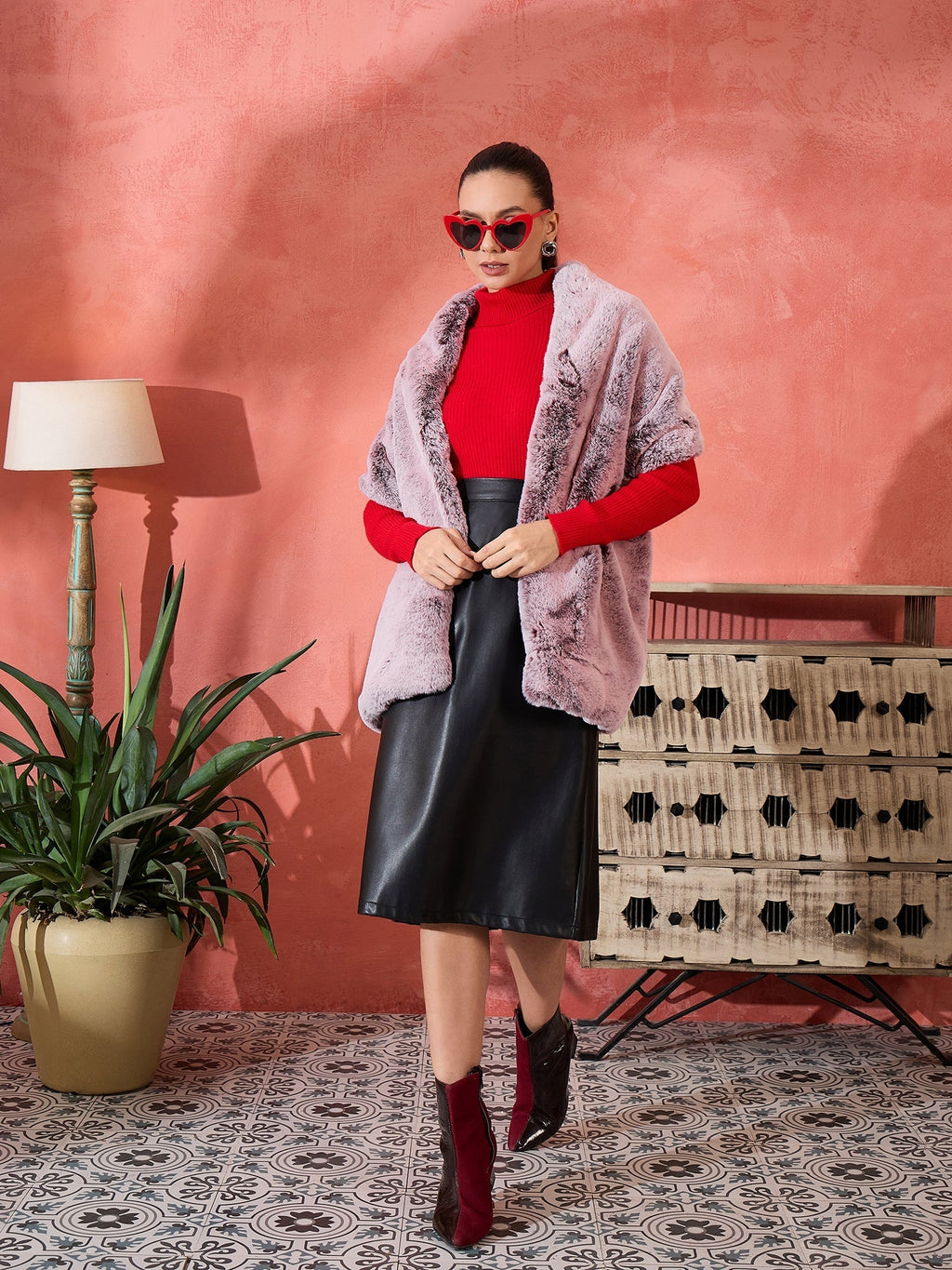 InWeave Maroon Icy Snowy Rabbit Faux Fur Cape | Grocsy