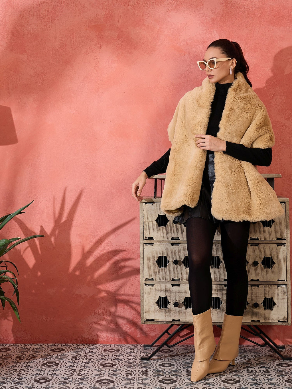 InWeave Beige Rabit Faux Fur Cape | Grocsy