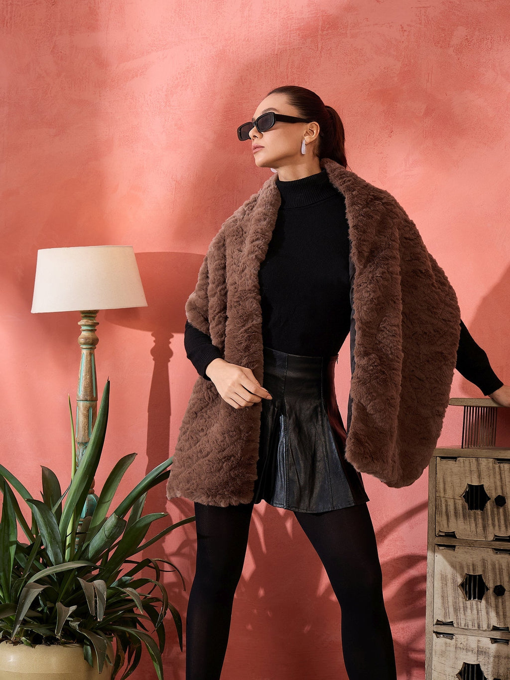 InWeave Dull Brown Rabbit Faux Fur Cape | Grocsy