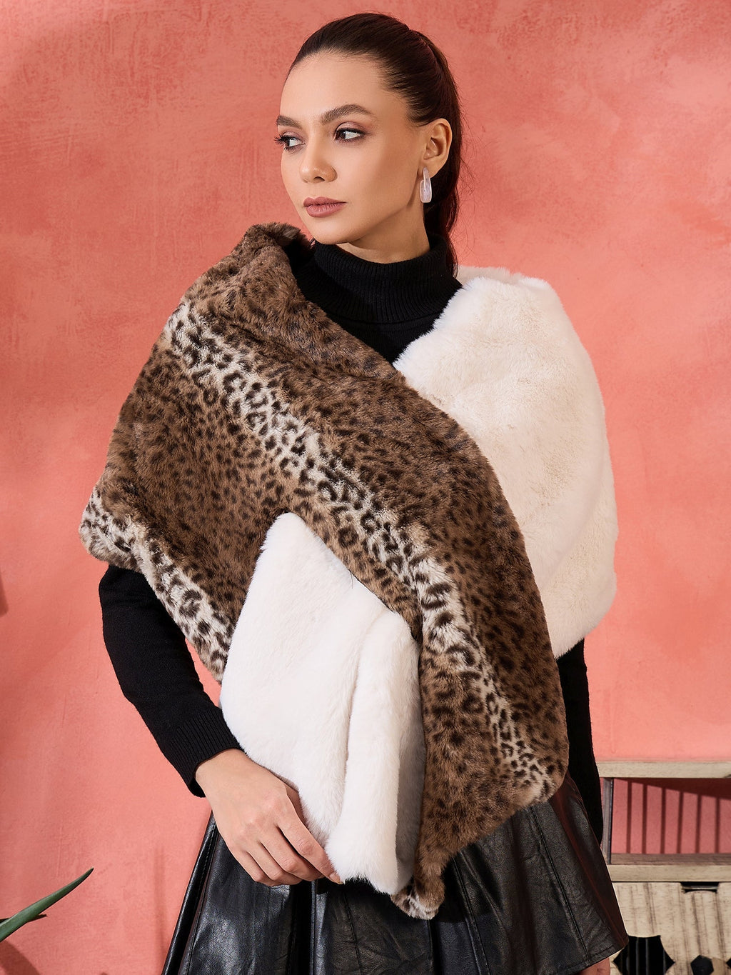 InWeave Brown Leopard Half White Rabbit Faux Fur Cape | Grocsy