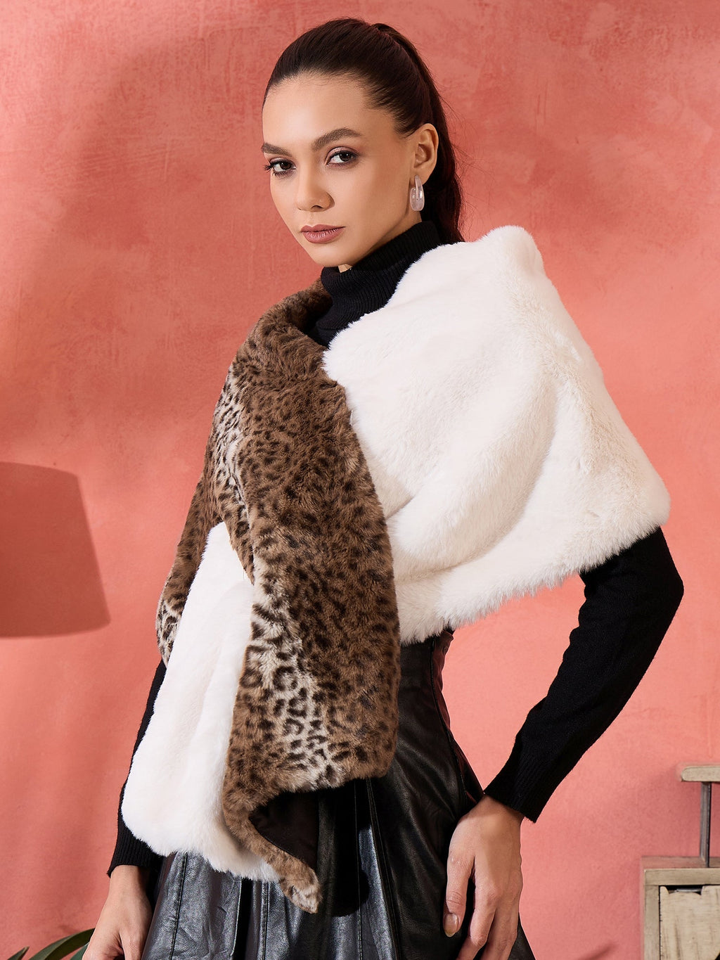 InWeave Brown Leopard Half White Rabbit Faux Fur Cape | Grocsy