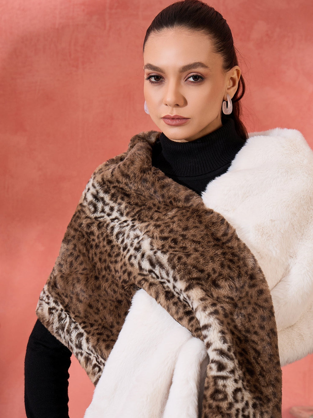 InWeave Brown Leopard Half White Rabbit Faux Fur Cape | Grocsy