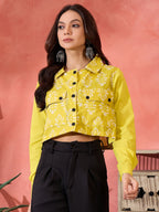 InWeave Lemon Yellow Block Print Pocket Jacket | Grocsy