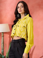 InWeave Lemon Yellow Block Print Pocket Jacket | Grocsy